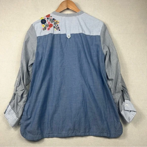 Style & Co. Striped Embroidered Floral Blouse LARGE Boho Cottagecore Lightweight - Picture 10 of 13